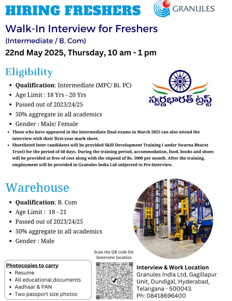 Walk-In Interview for Freshers at Granules India Ltd