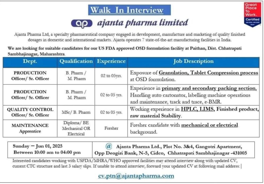Ajanta Pharma job vacancy