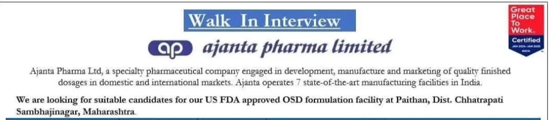 Ajanta Pharma job vacancy