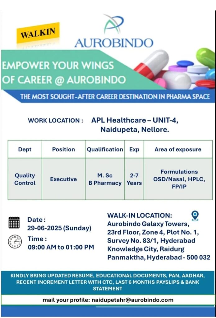 Aurobindo Pharma Job Vacancy 2025