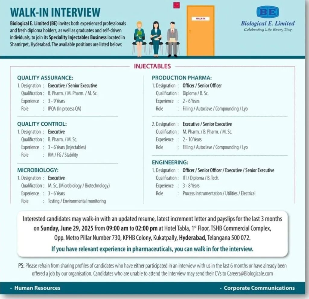 Biological E Job Vacancy 2025
