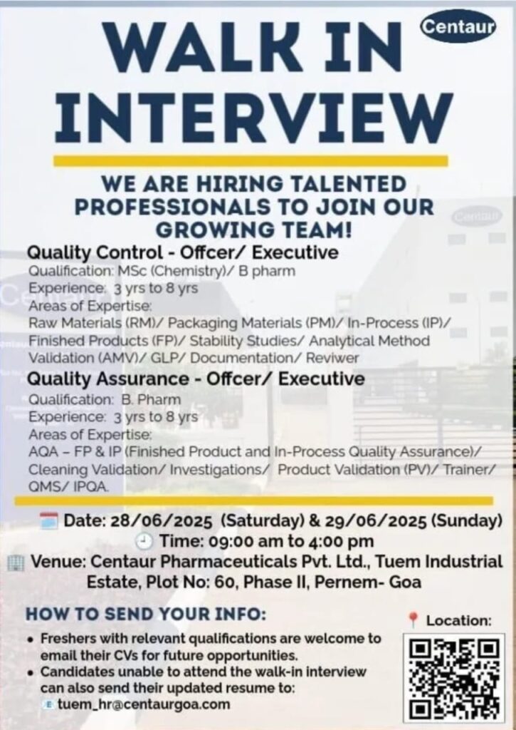Centaur Pharma Job Vacancy