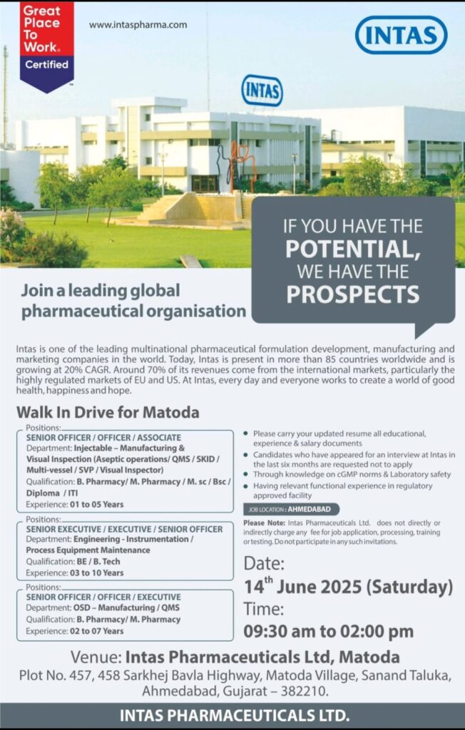 Intas Pharmaceuticals job vacancy