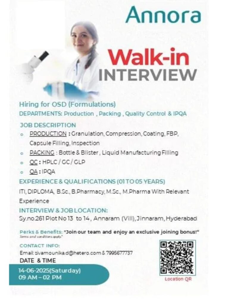 Pharma job vacancy in Hyderabad