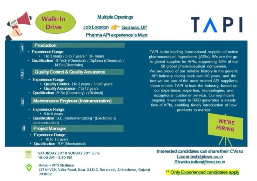 TAPI Pharma Job Vacancy 2025