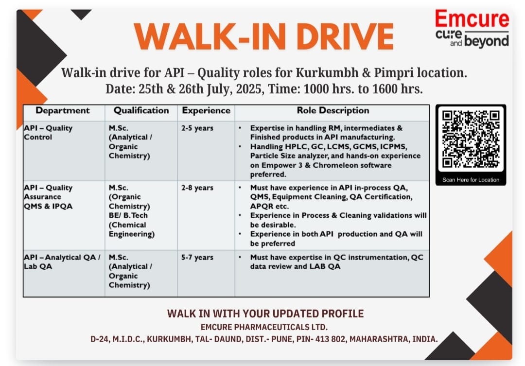API Quality Jobs at Emcure Pharmaceuticals