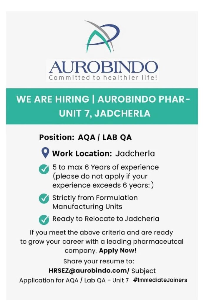 AQA / Lab QA Job in Jadcherla 
