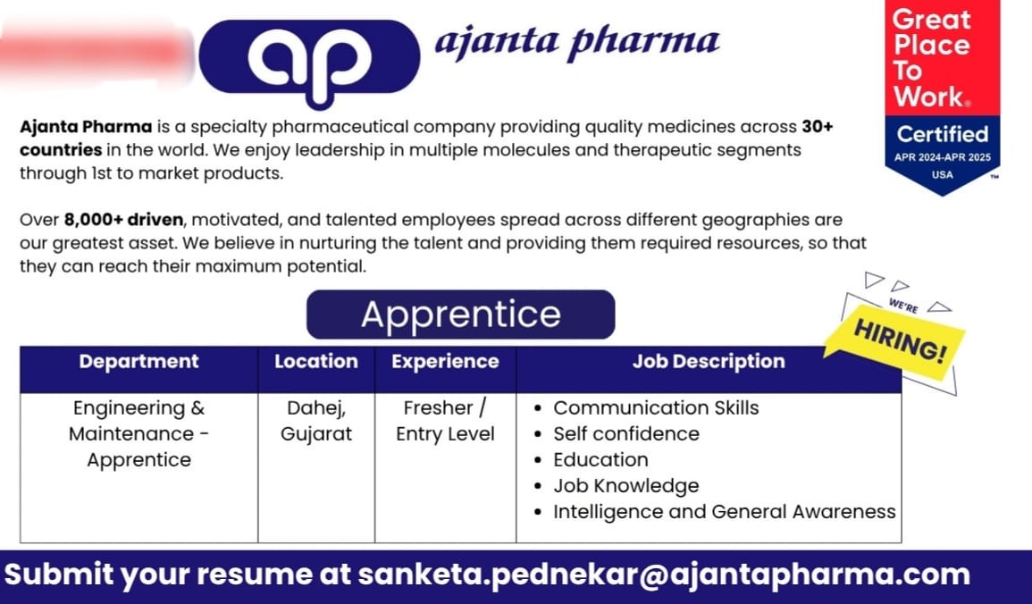 Ajanta Pharma Apprentice Vacancy 2025 Dahej