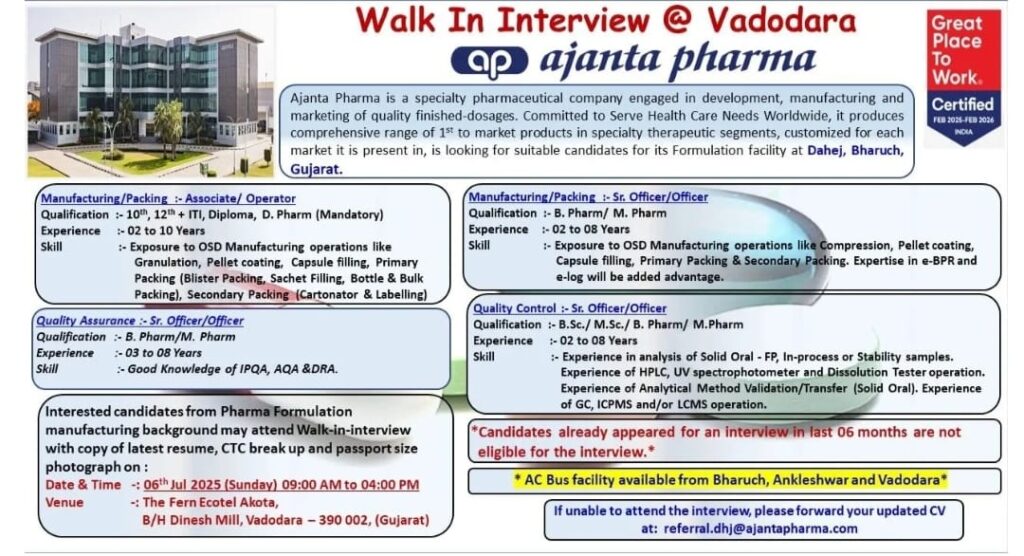 Ajanta Pharma Job Vacancy 2025