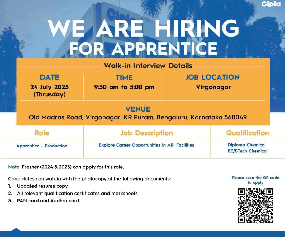 Apprentice Chemical Engineering Job in Bengaluru 2025