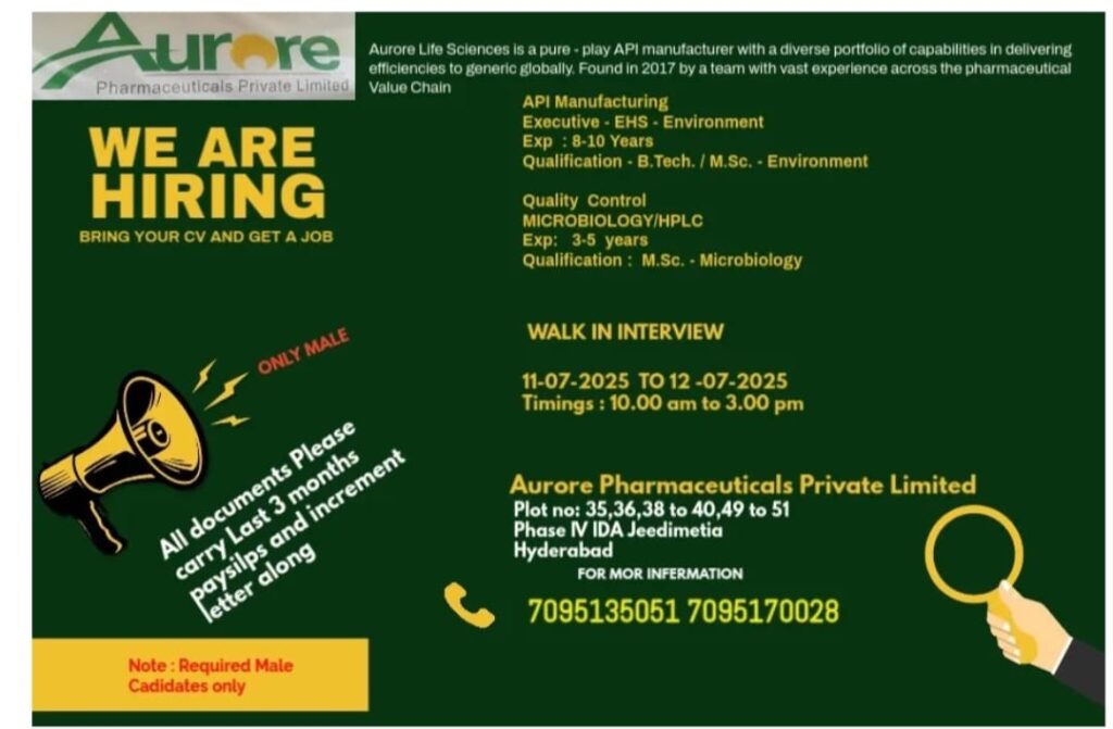 Aurore Pharmaceuticals Walk-in Interview July 2025 
