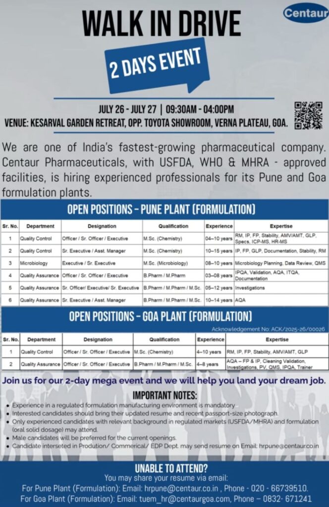 Centaur Pharmaceuticals Walk-In Drive Goa 2025