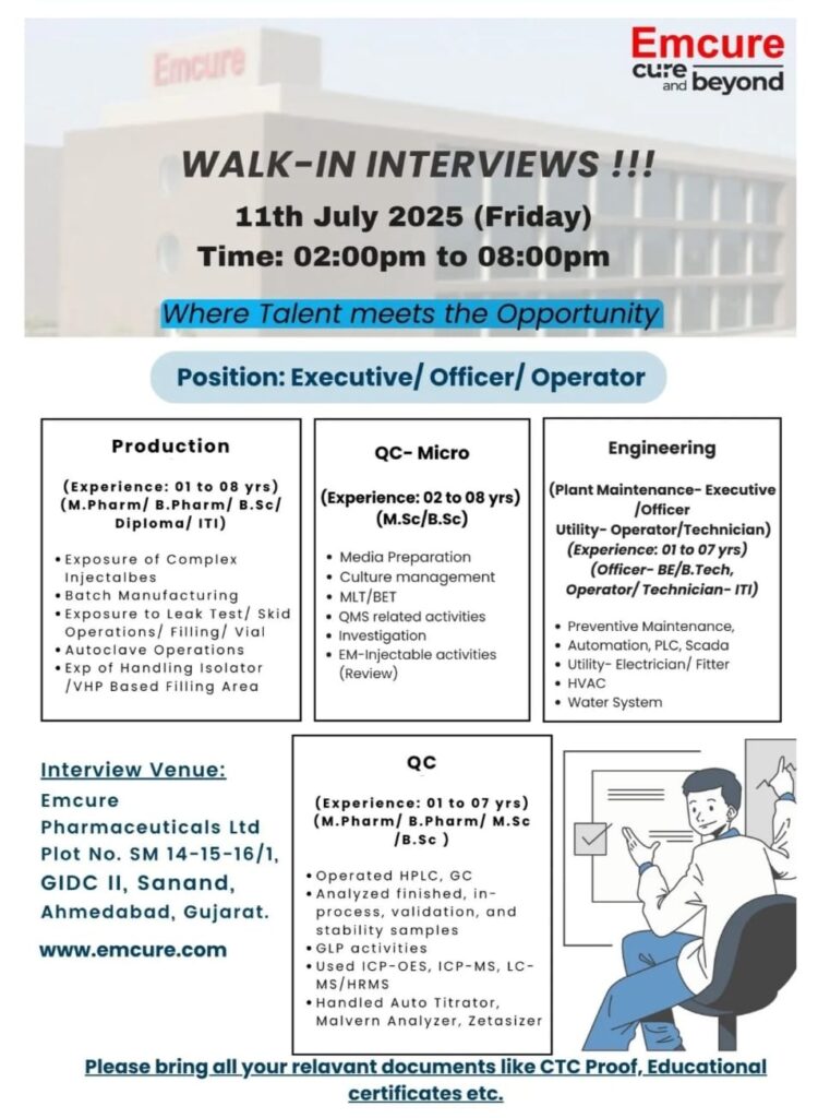 Emcure Pharmaceuticals Walk-In Interview 