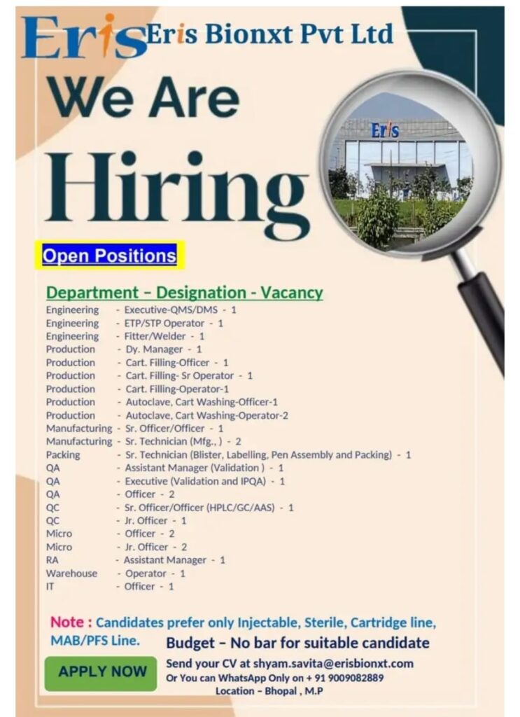 Eris Bionxt Pharma Jobs Bhopal 2025