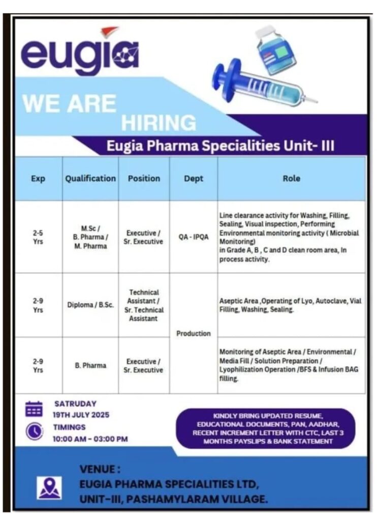 Eugia Pharma Walk-In Interview 2025