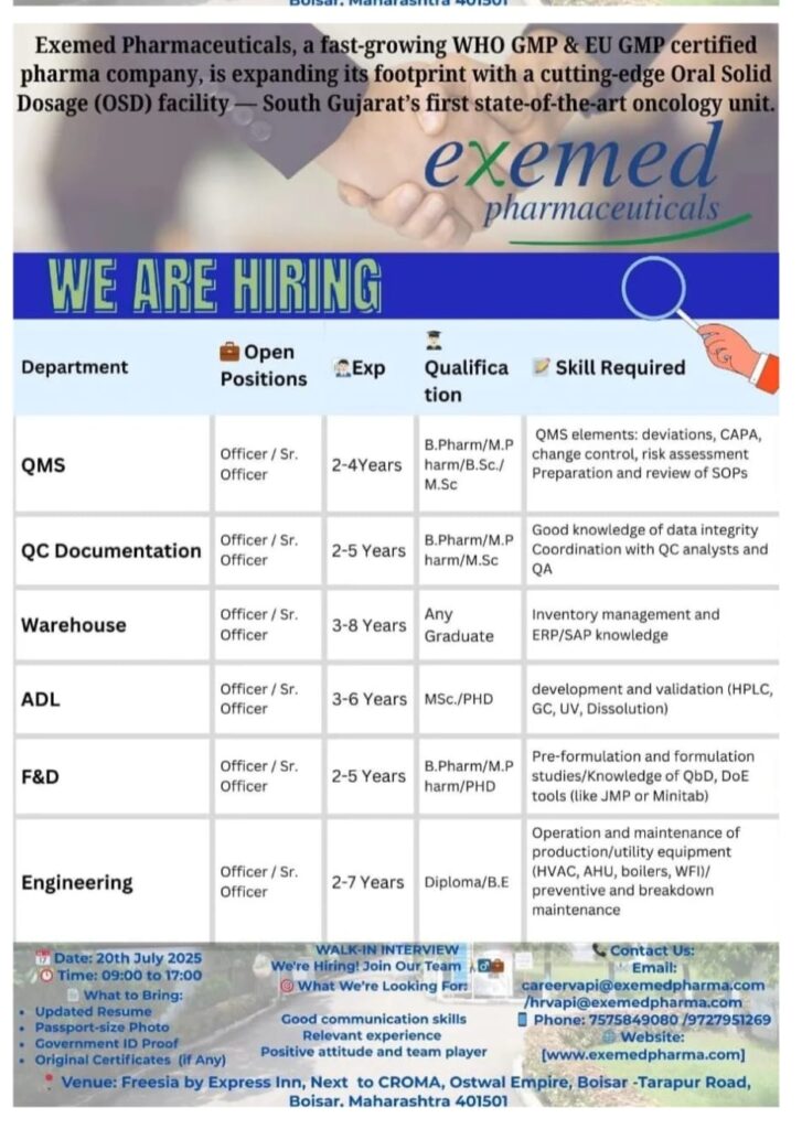 Exemed Pharmaceuticals Job Openings 2025