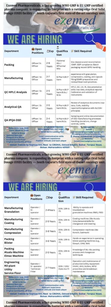 Exemed Pharmaceuticals Job Openings 2025