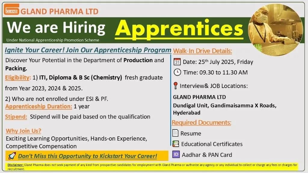 Gland Pharma Apprenticeship 2025