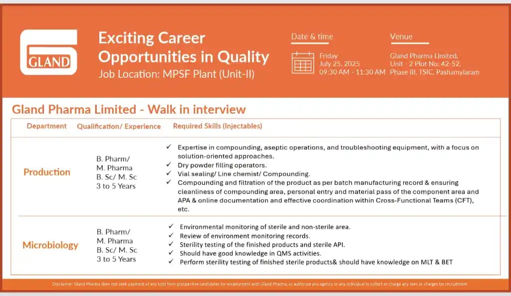 Gland Pharma Limited Walk-in Interview