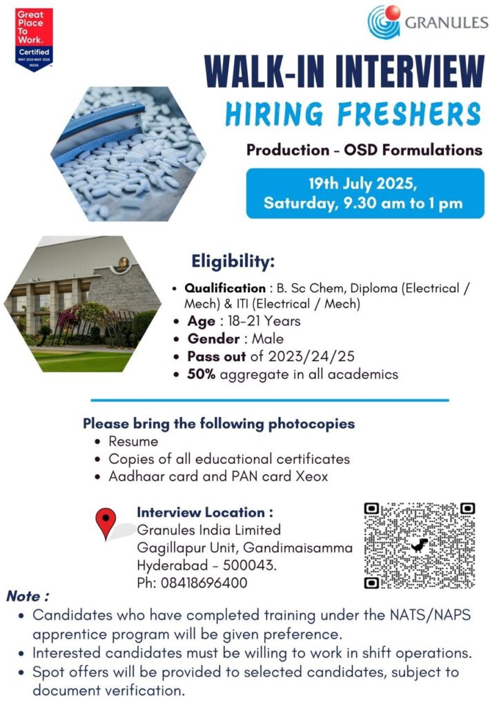 Granules India Freshers Walk-in Interview 2025