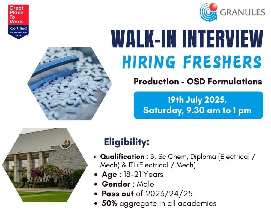 Granules India Freshers Walk-in Interview 2025