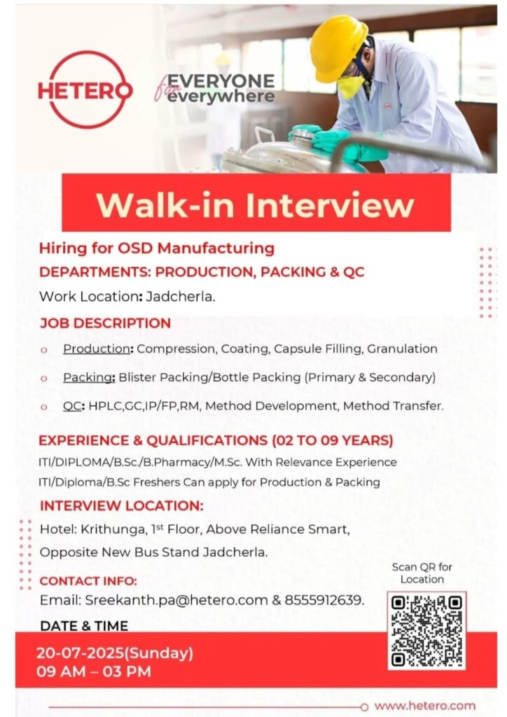 Hetero OSD Manufacturing Job Vacancy 2025