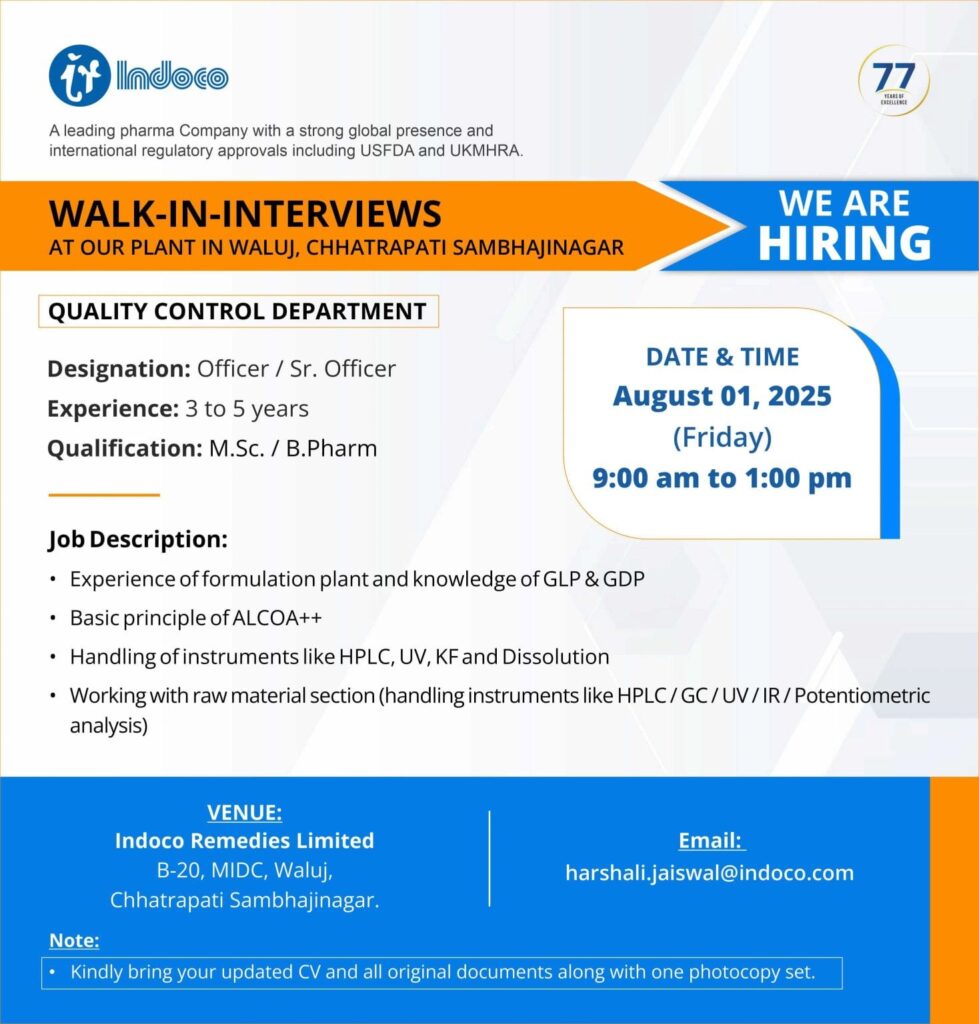 Indoco Remedies Waluj Walk-In Interview 2025