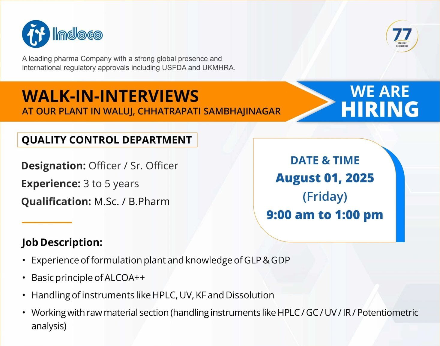 Indoco Remedies Waluj Walk-In Interview 2025