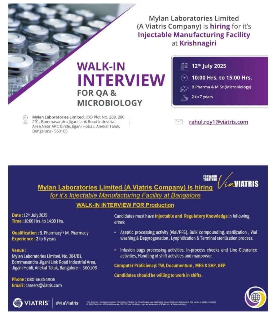 Injectable Manufacturing Jobs at Mylan Viatris