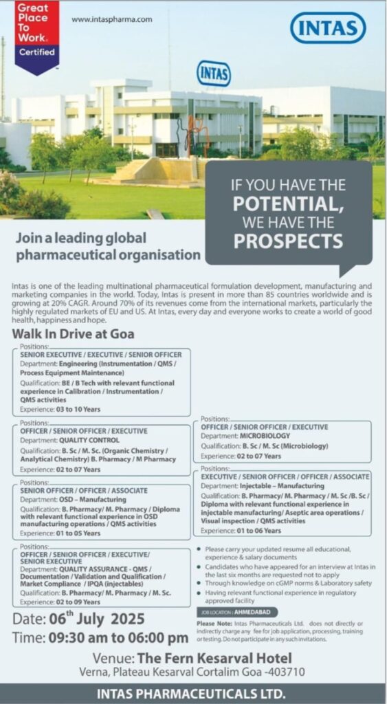 Intas Pharmaceuticals Job Vacancy 2025