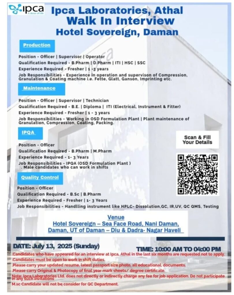 Ipca Laboratories Walk-in Interview July 2025 