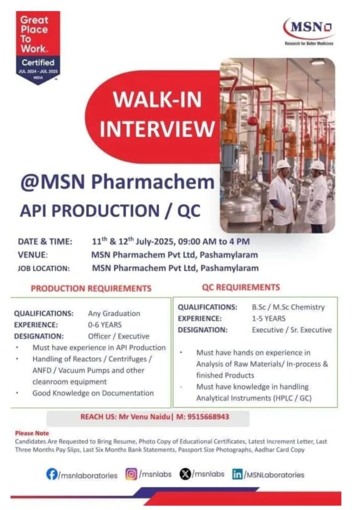 MSN Pharmachem Walk-In Interview 2025