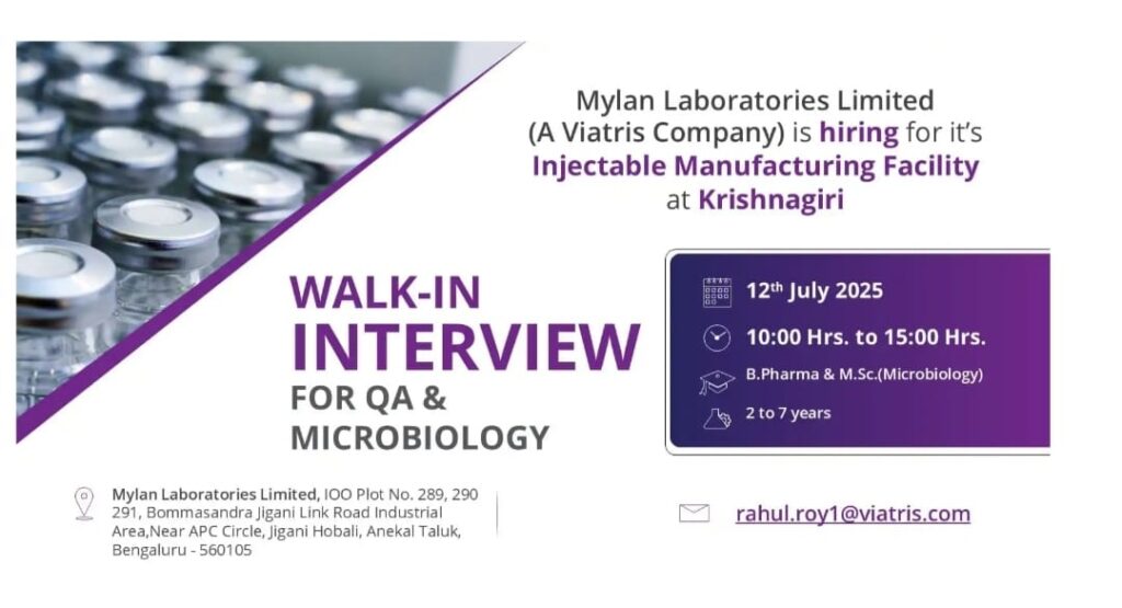 Mylan Laboratories Walk-in Interview July 2025