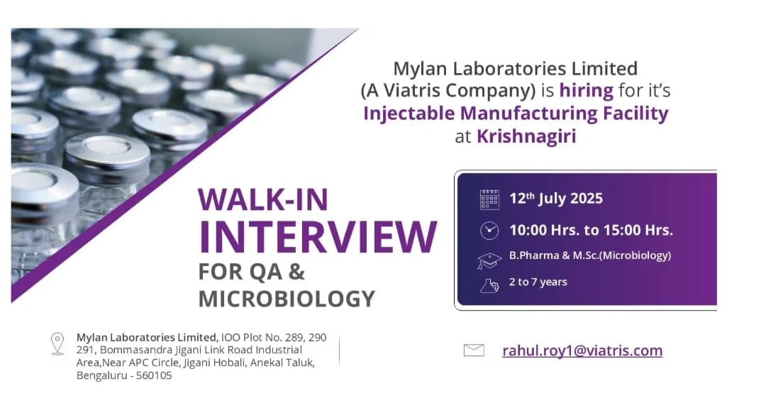 Mylan Laboratories Walk-in Interview July 2025