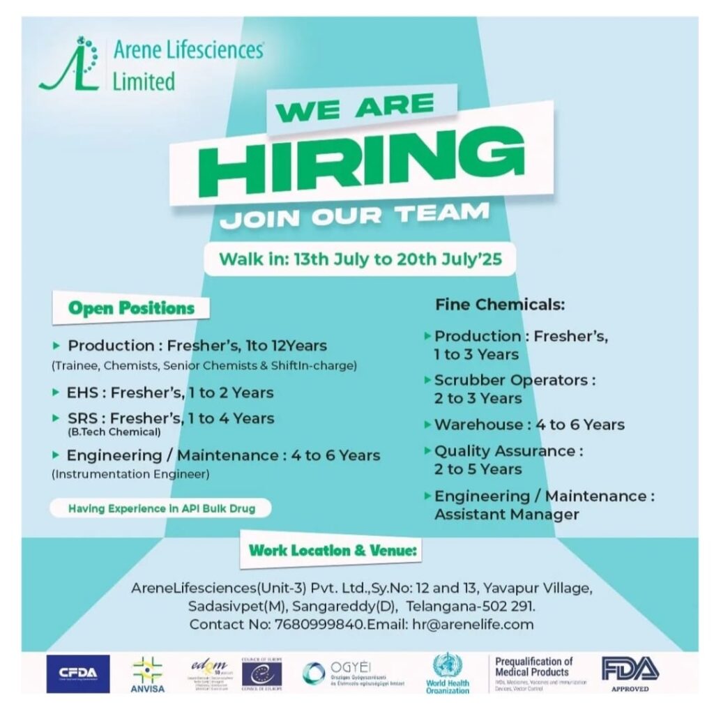 Pharma Production Jobs for Freshers in Telangana 