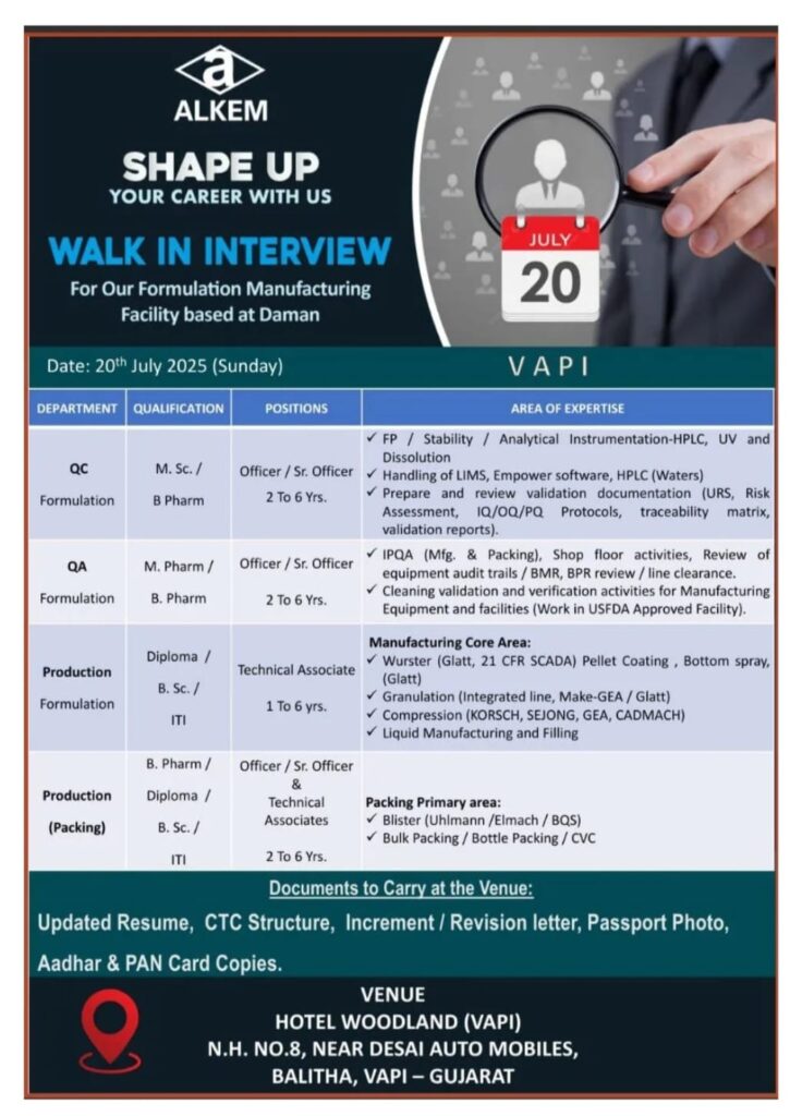 Pharma Walk-In Interview in Vapi for Formulation Jobs