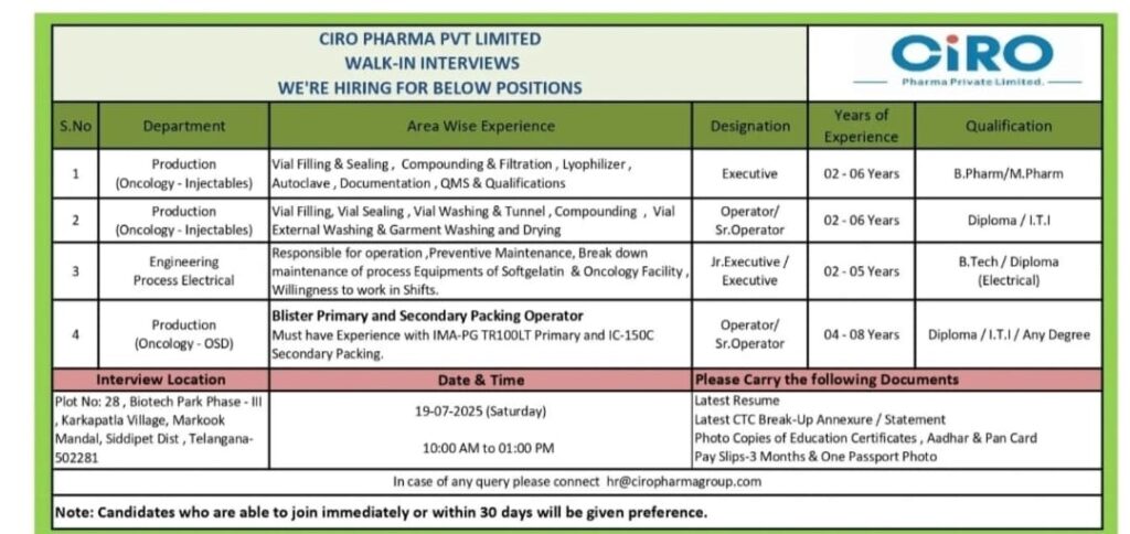 Pharma Walk-In Interviews in Telangana