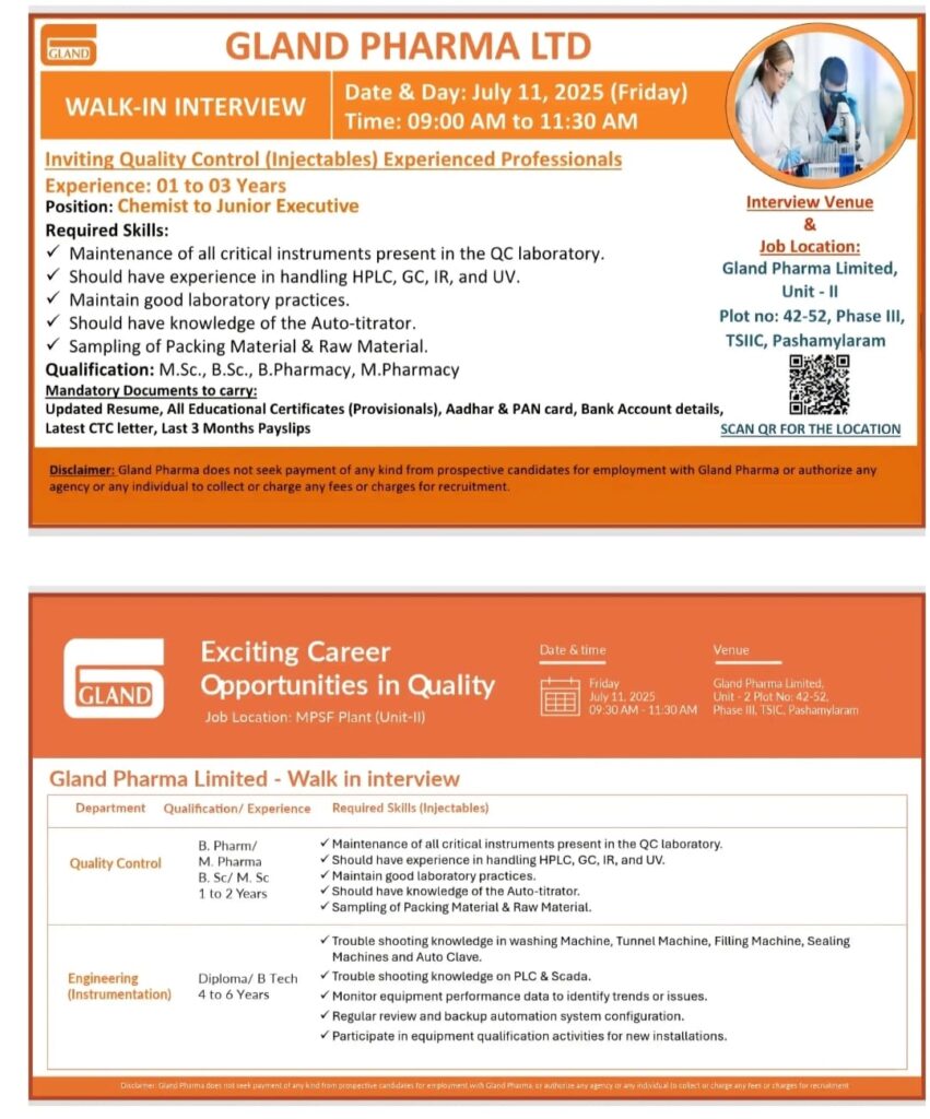 Quality Control Jobs in Gland Pharma