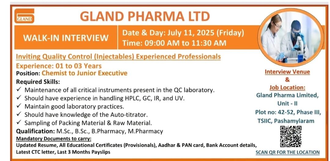 Quality Control Jobs in Gland Pharma