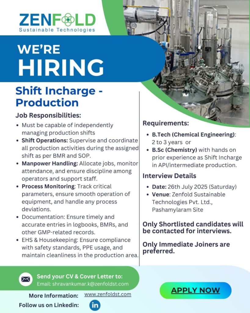 Shift Incharge Chemical Production Job 2025