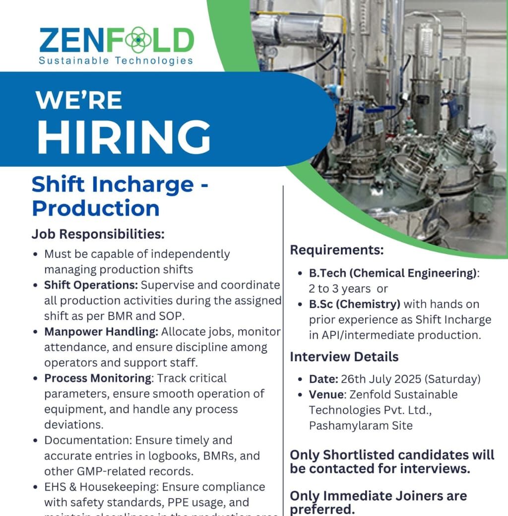 Shift Incharge Chemical Production Job 2025