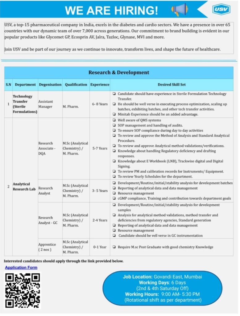 USV Pharma Job Vacancy 2025 