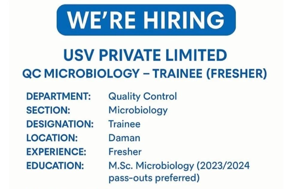 USV Pvt Ltd Hiring QC Microbiology Fresher