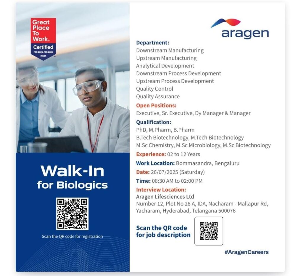 Walk-In Biologics Job Opportunities at Aragen