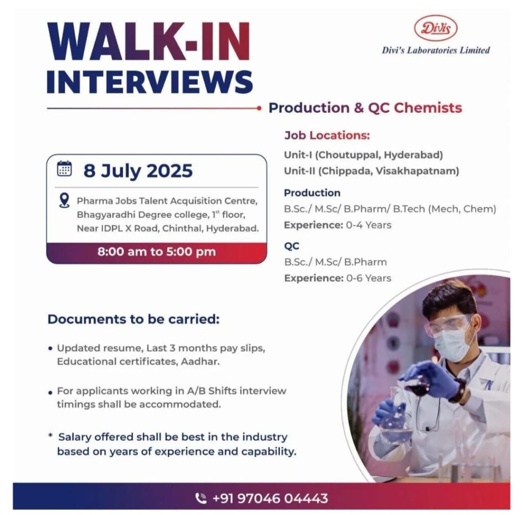 Walk-in Interview at Divi's Laboratories 