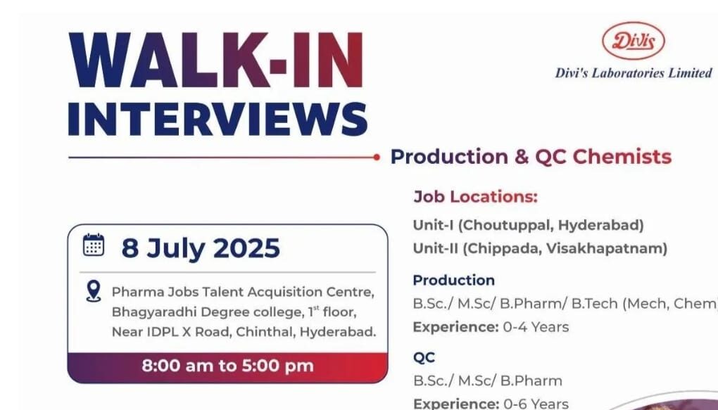Walk-in Interview at Divi's Laboratories