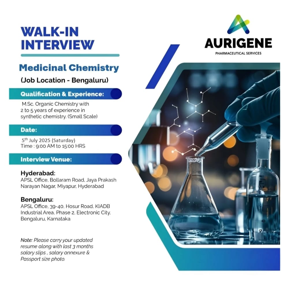 Walk-in Interview for Medicinal Chemistry Jobs