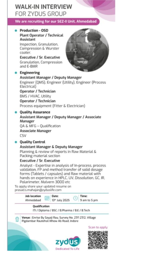 Zydus Job Vacancy Ahmedabad 2025