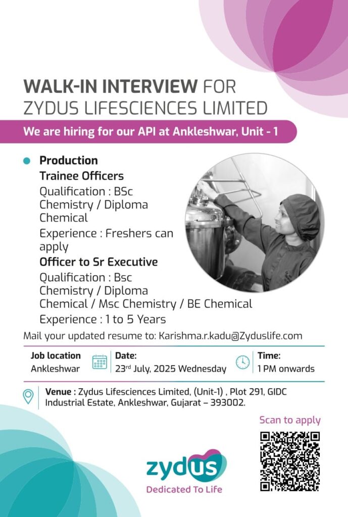 Zydus Lifesciences Walk-In Interview Ankleshwar 2025