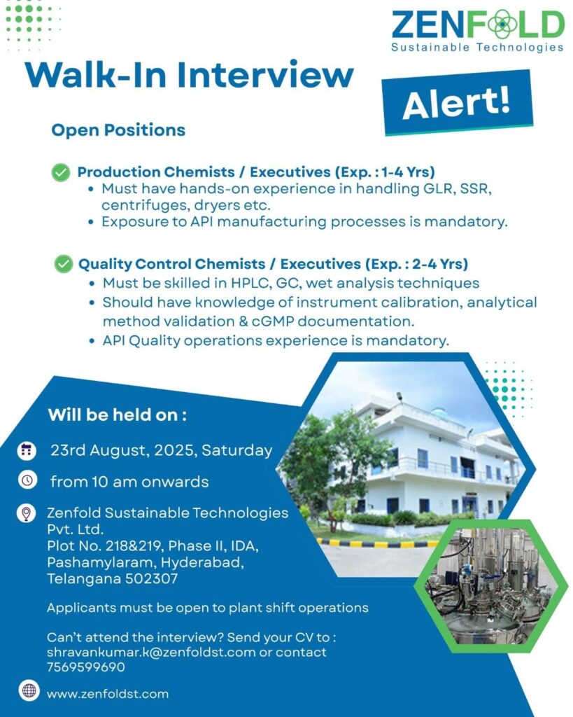 Walk-In Interview for Pharma Professionals at Zenfold Sustainable Technologies